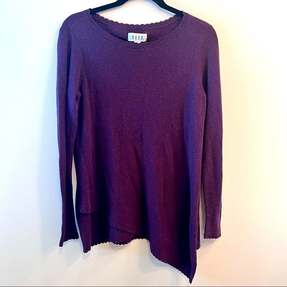 Elle Purple Asymmetrical Scallop Hem Knit Tunic Sweater